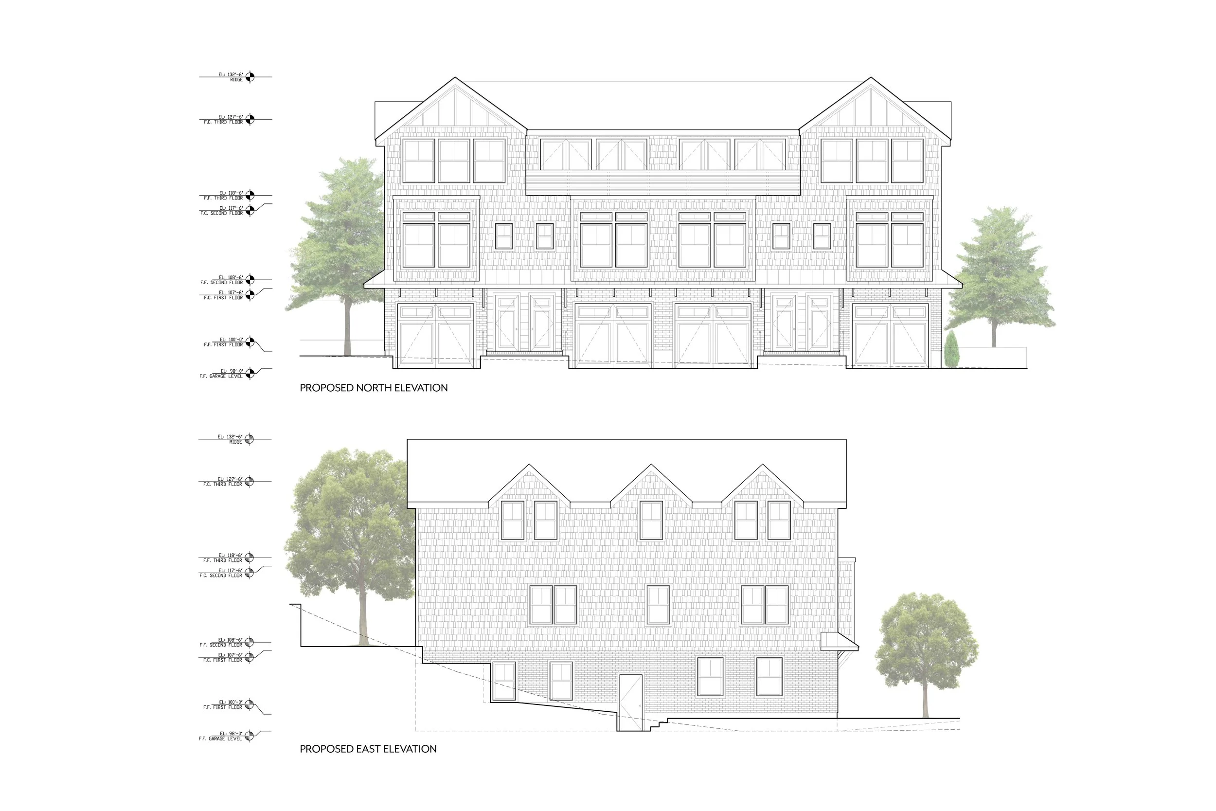 Architectural elevation of a proposed multi-story residential building, showing north and east elevations with trees.