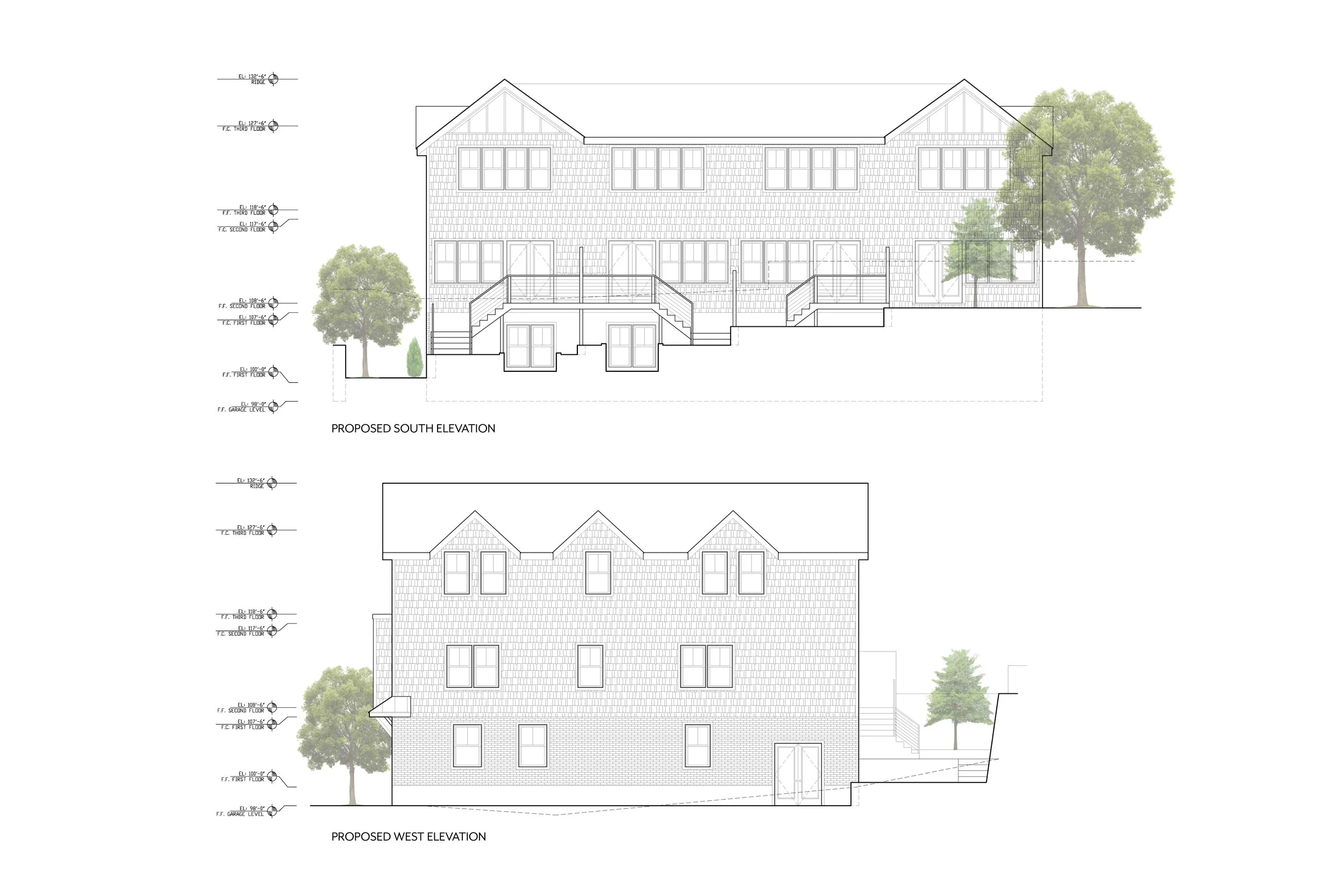 Architectural elevation of a residential building showing proposed south and west elevations with trees in the background.