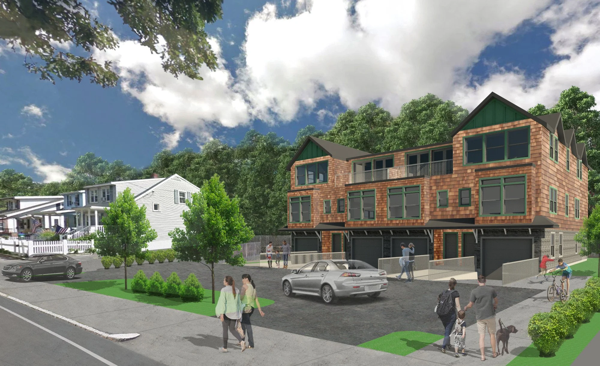 Digital rendering of a new residential apartment complex with multiple floors, brick and green siding exterior, balconies, and attached garages, with people walking, cycling, and socializing outside on a sunny day with trees and a partly cloudy sky.