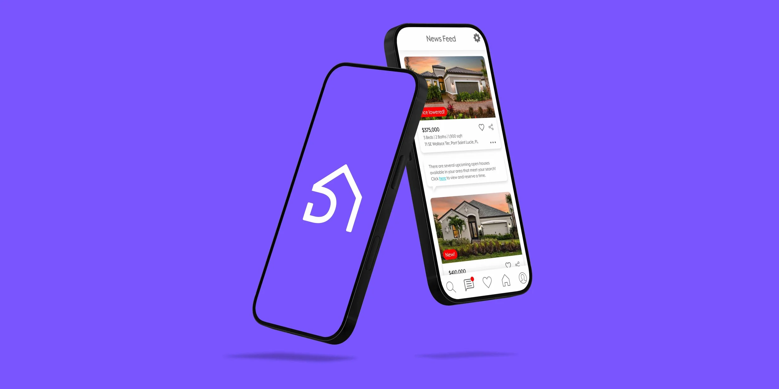 Two smartphones floating against a purple background, one displaying a stylized house logo and the other showing a real estate app with listings of houses, prices, and images.