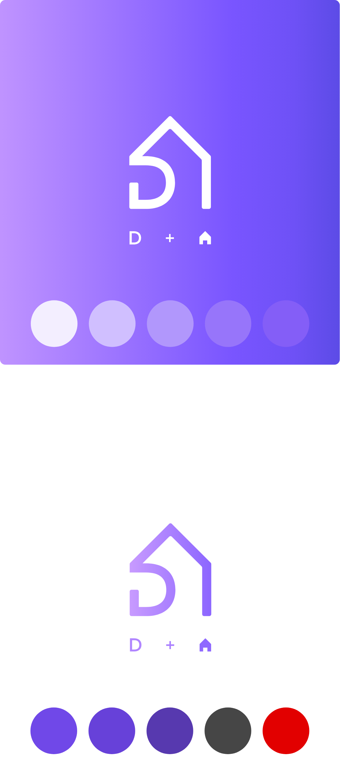 Color palette with five shades of purple, gray, and red at the bottom of a mobile app screen featuring a home icon.