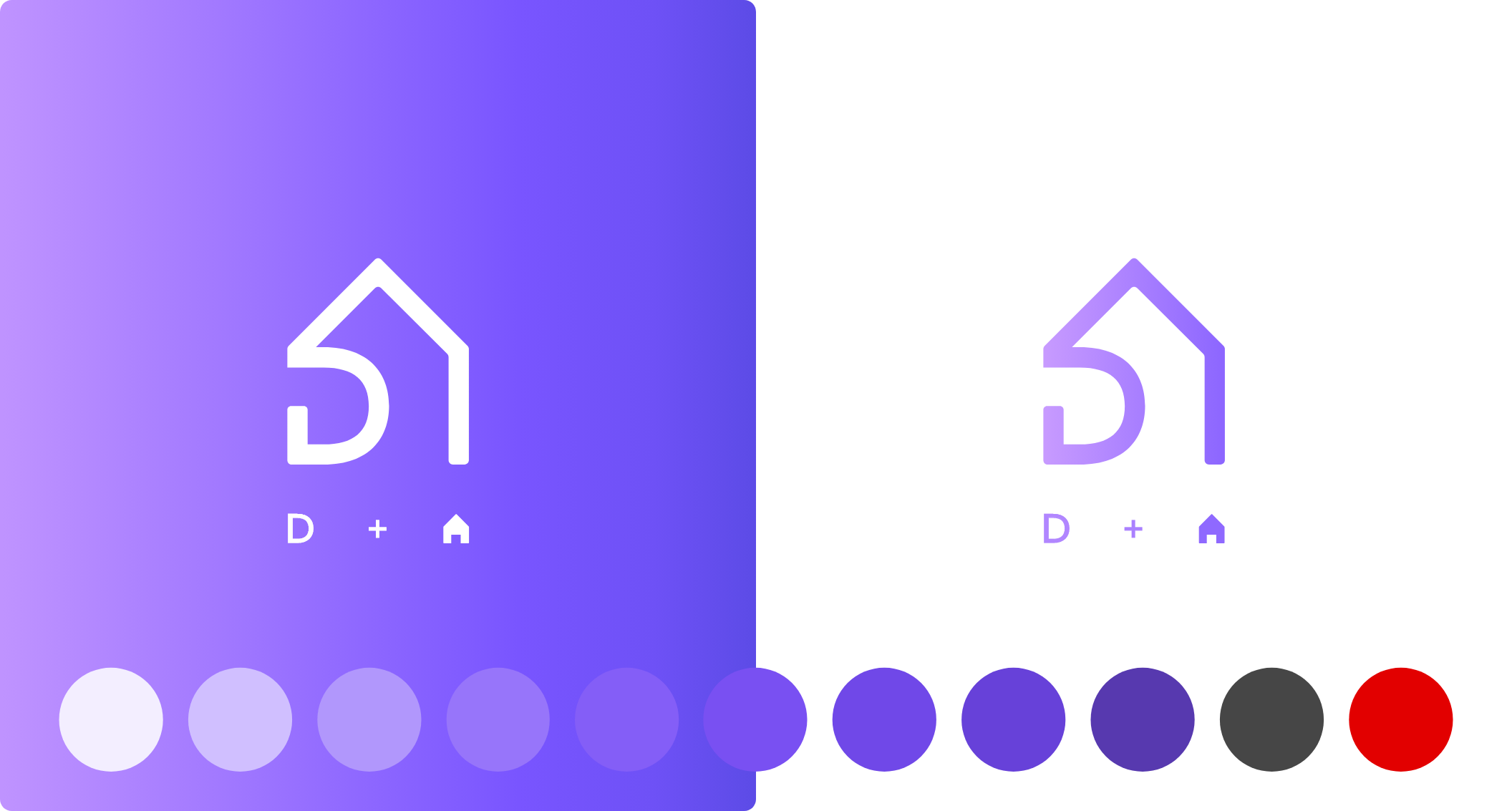 Color palette with five shades of purple, gray, and red at the bottom of a mobile app screen featuring a home icon.