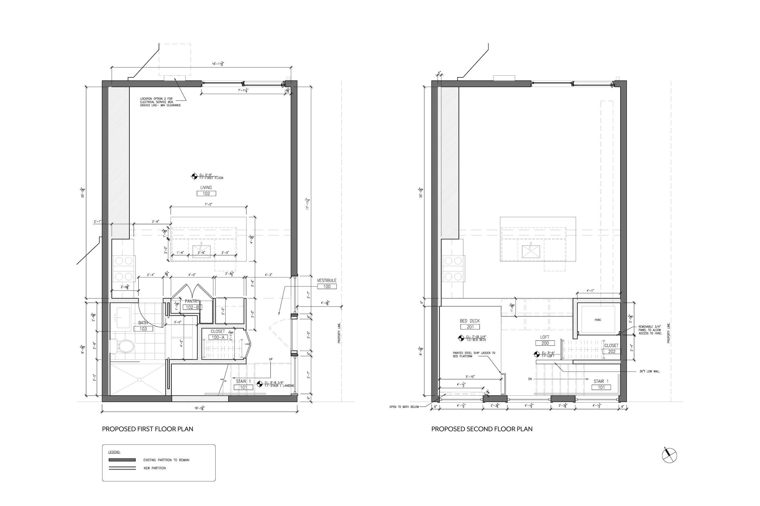 Architectural blueprint of a house, showing proposed first and second floor plans with rooms, measurements, and structural details.