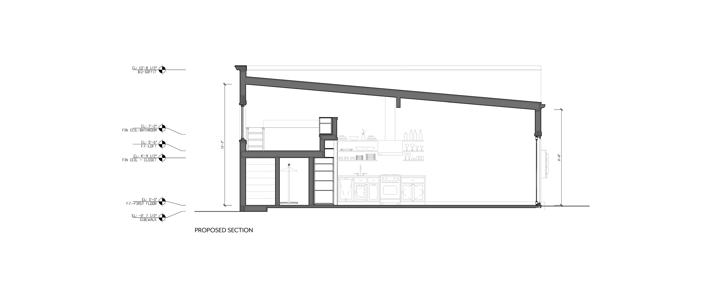 Architectural cross-section of a house showing interior layout, with kitchen, storage, and different ceiling heights, labeled with measurements.