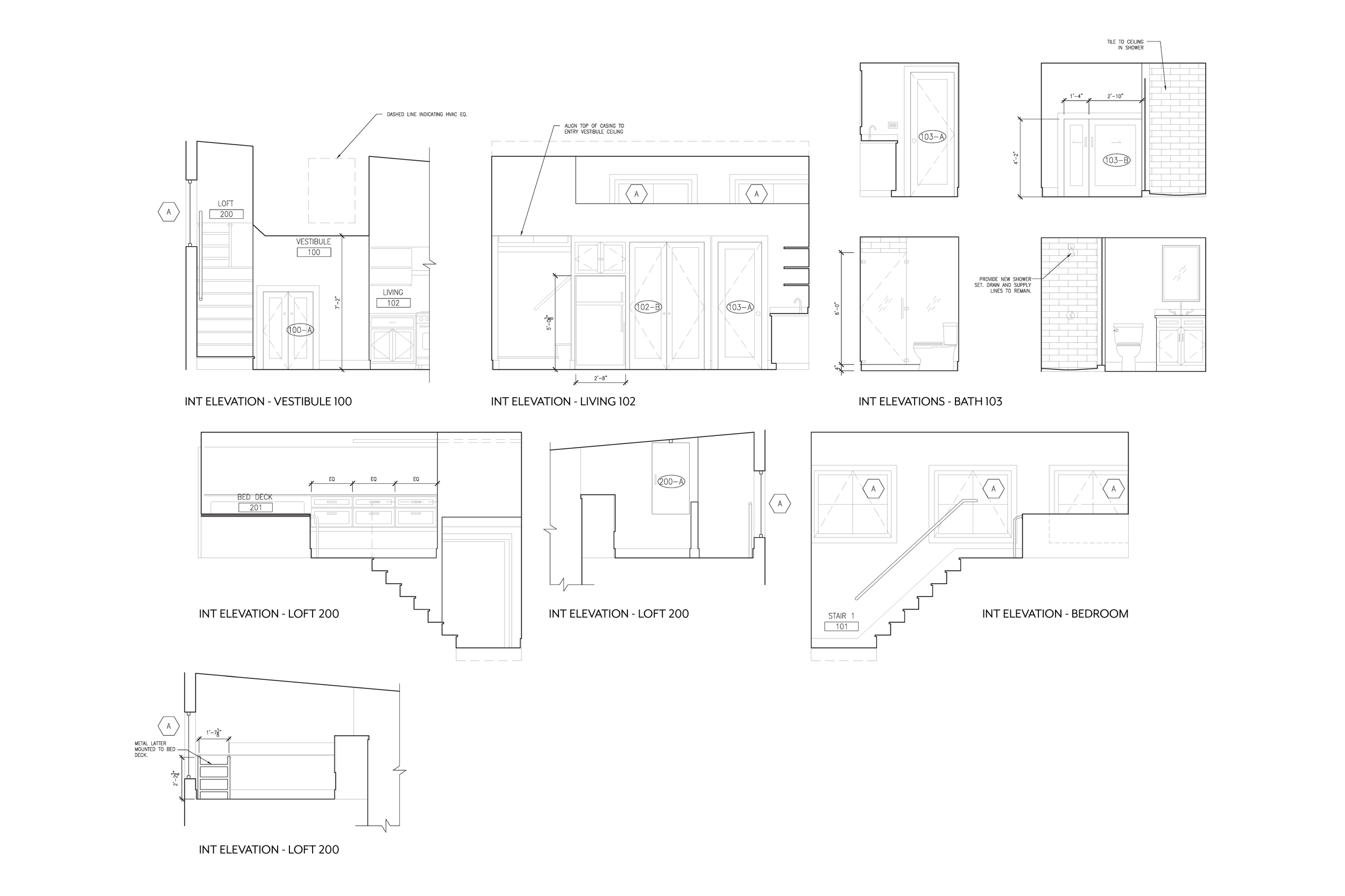 Architectural drawings with detailed interior, elevations of various rooms including vestibule, living room, bath, loft, and bedroom.
