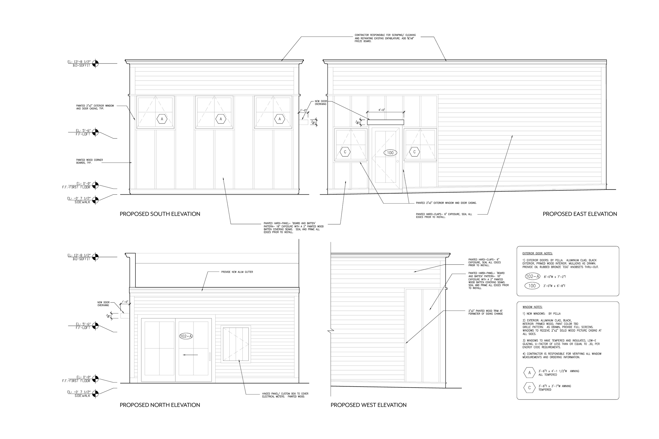 Architectural drawing of a building with detailed elevations for south, east, north, and west sides, including window and door placements, materials specifications, and construction notes.
