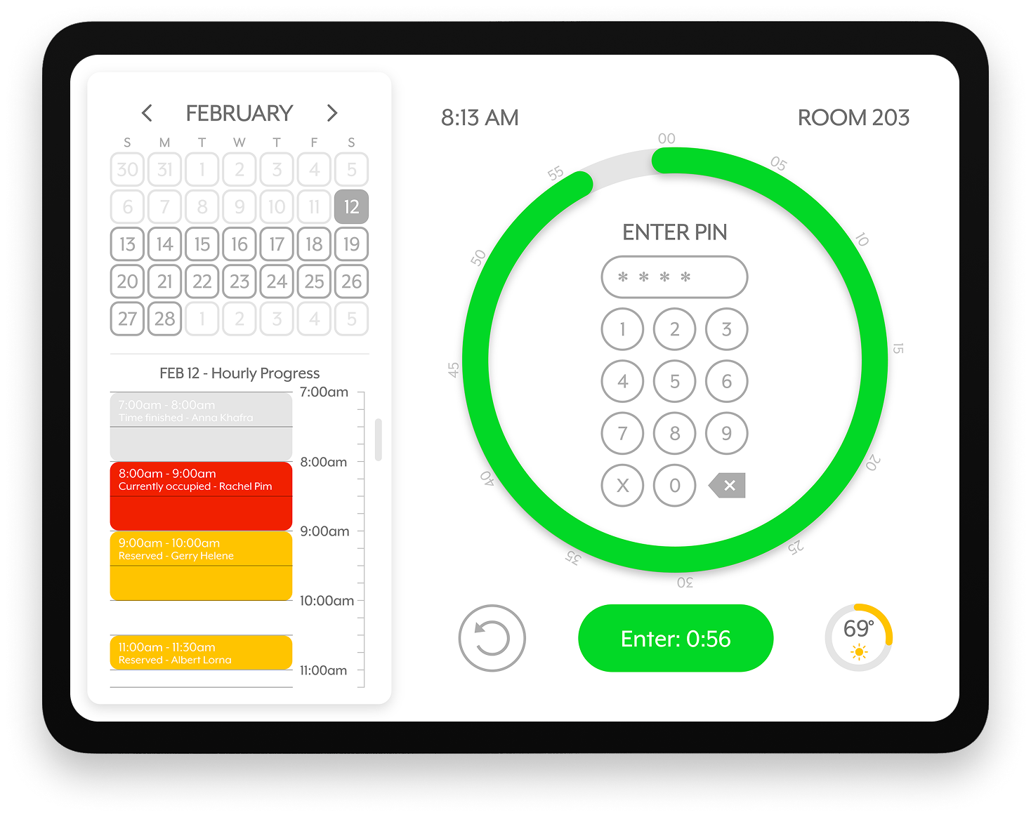 A digital scheduling interface displaying a February calendar, a booking schedule with different appointments, a PIN entry pad, a countdown timer, and weather information on a tablet screen.