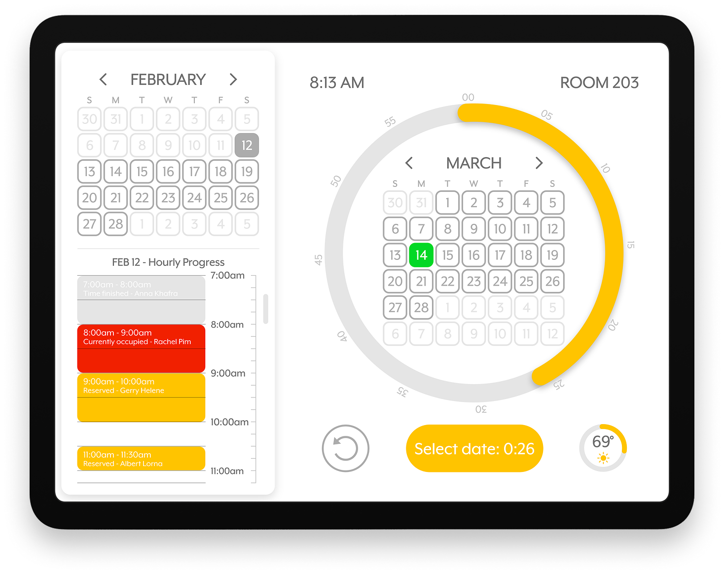 Mobile screen displaying calendar for February and March, time slots, current date, and room number, with weather and time indicators.