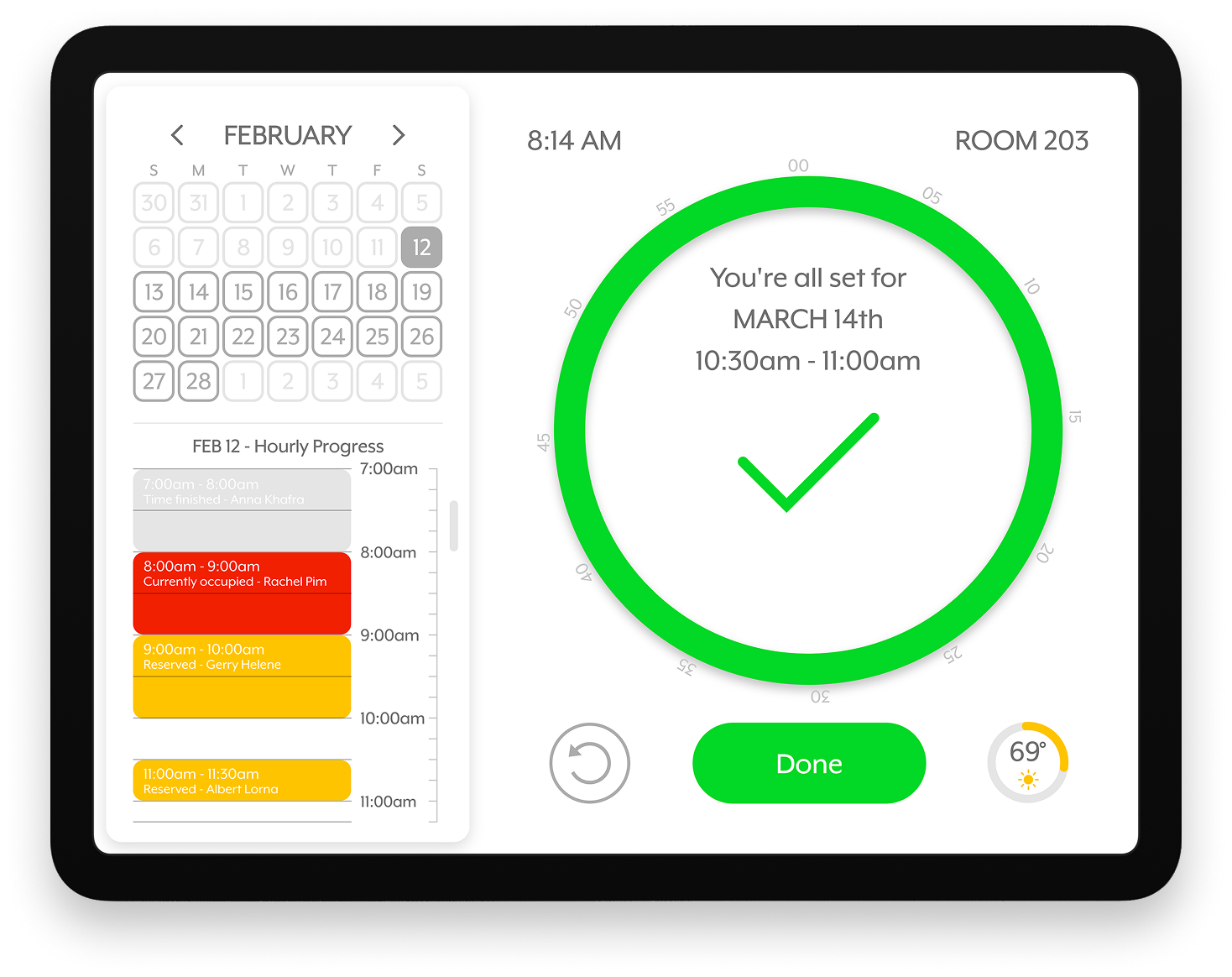 Mobile screen displaying a February calendar, a schedule for February 12th, and an appointment confirmation for March 14th from 10:30 am to 11:00 am.