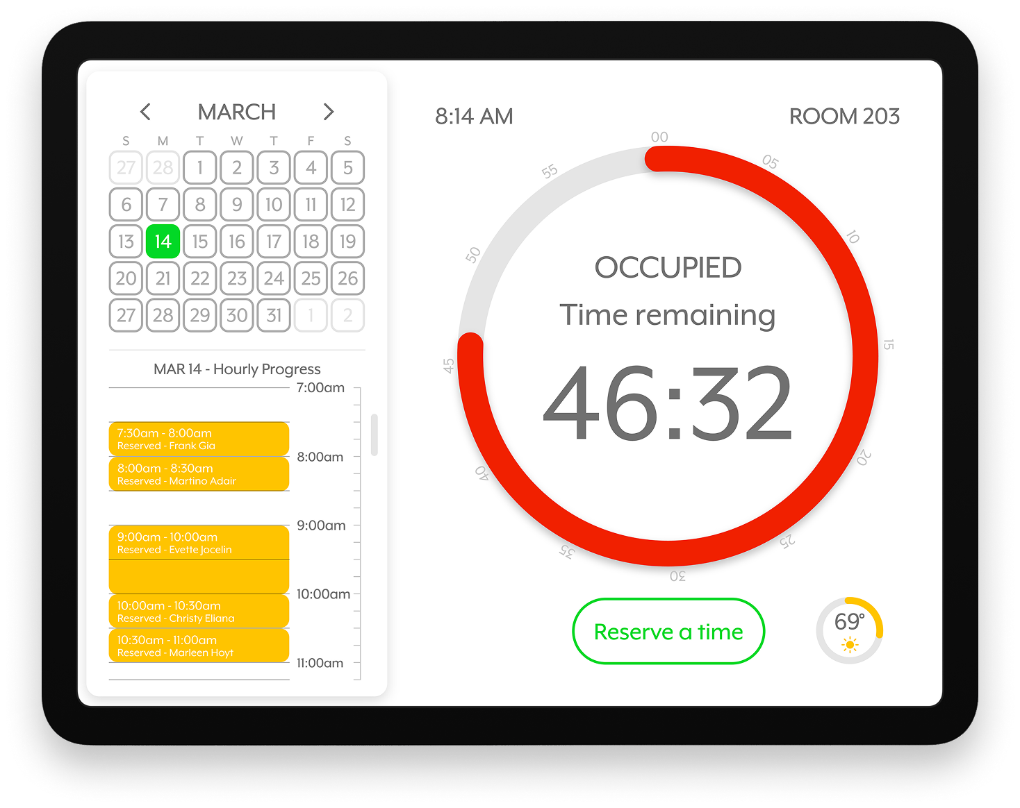 Mobile screen displaying a calendar, scheduled times, and a large timer showing 46 minutes and 32 seconds remaining occupied, with a weather icon and temperature reading of 69 degrees.