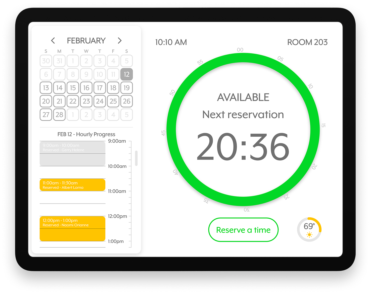 Mobile screen displaying a reservation system interface with a February calendar, hourly reservations, current time of 10:10 AM, next available reservation at 20:36, weather indicator, and a green button labeled 'Reserve a time'.