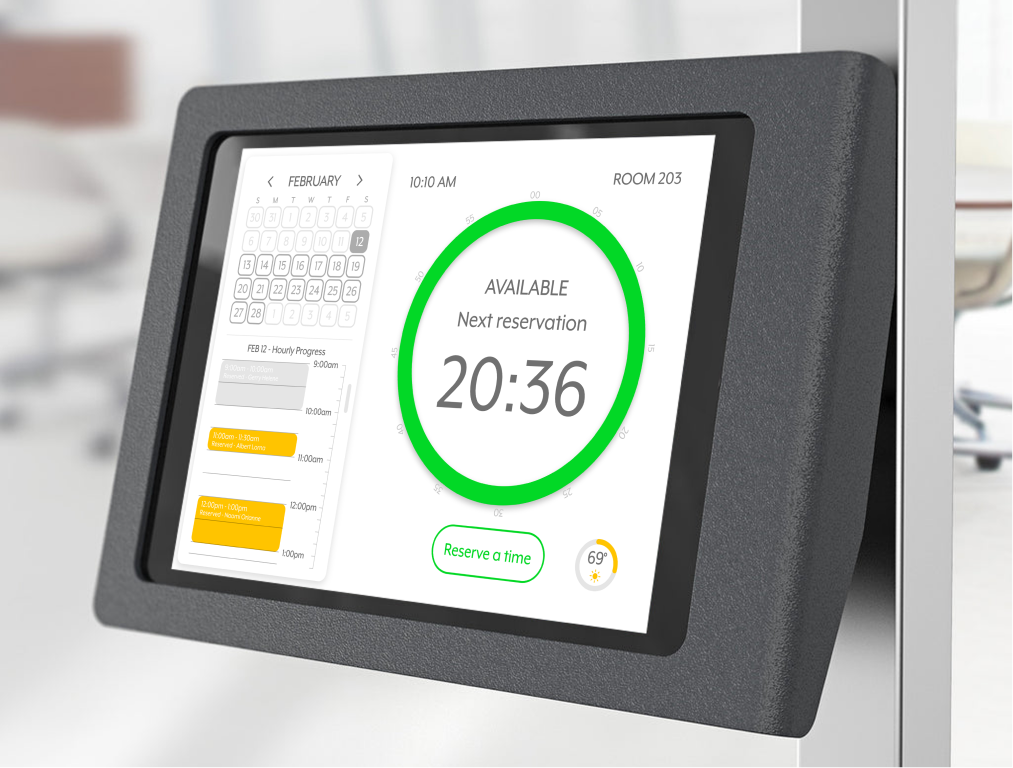 Mobile screen mounted on a wall showing reservation details, times, and date with a green circle indicating next reservation at 8:36 PM.