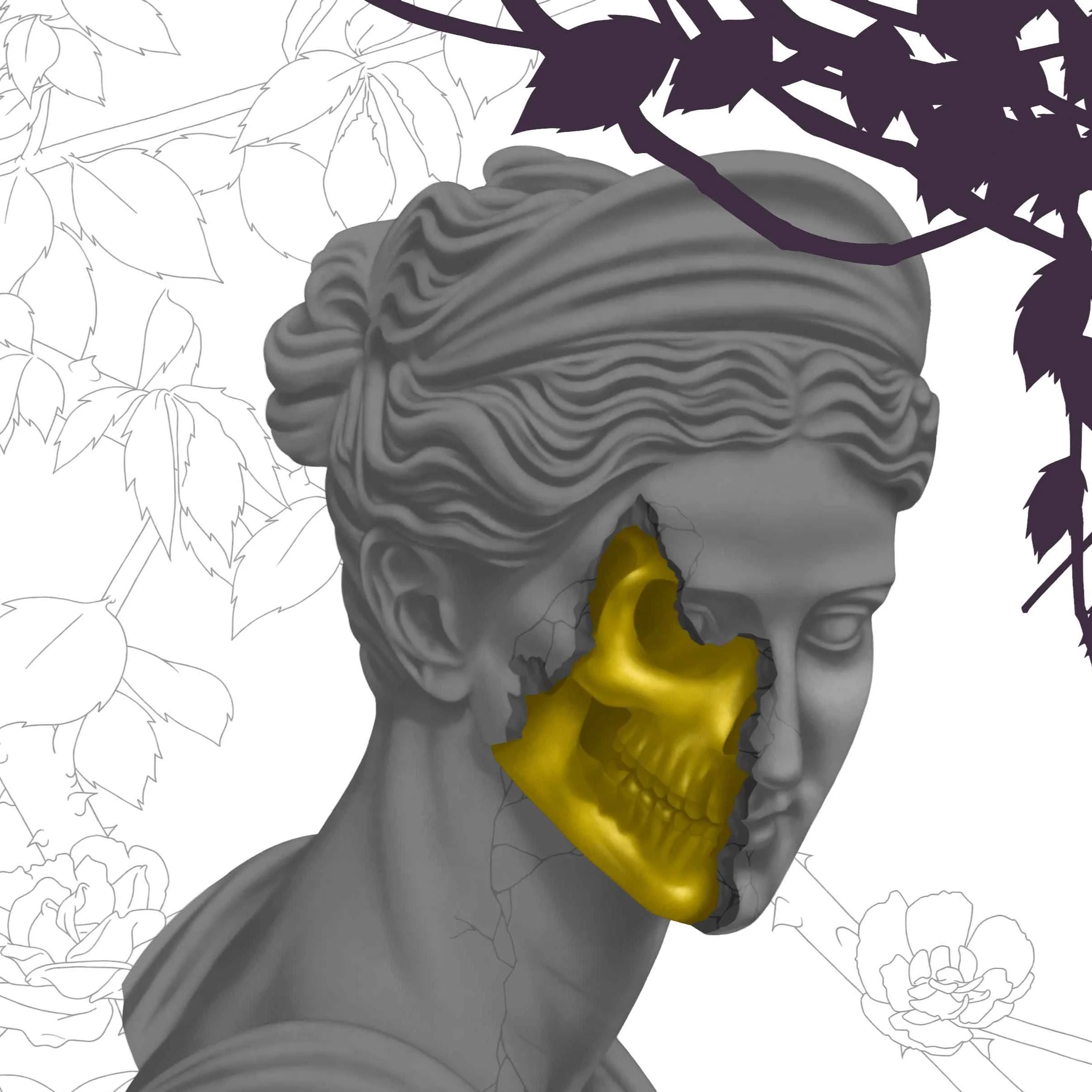 A gray classical-style bust sculpture with a part of its face missing, revealing a gold skull inside. The background features line drawings of flowers and leaves.