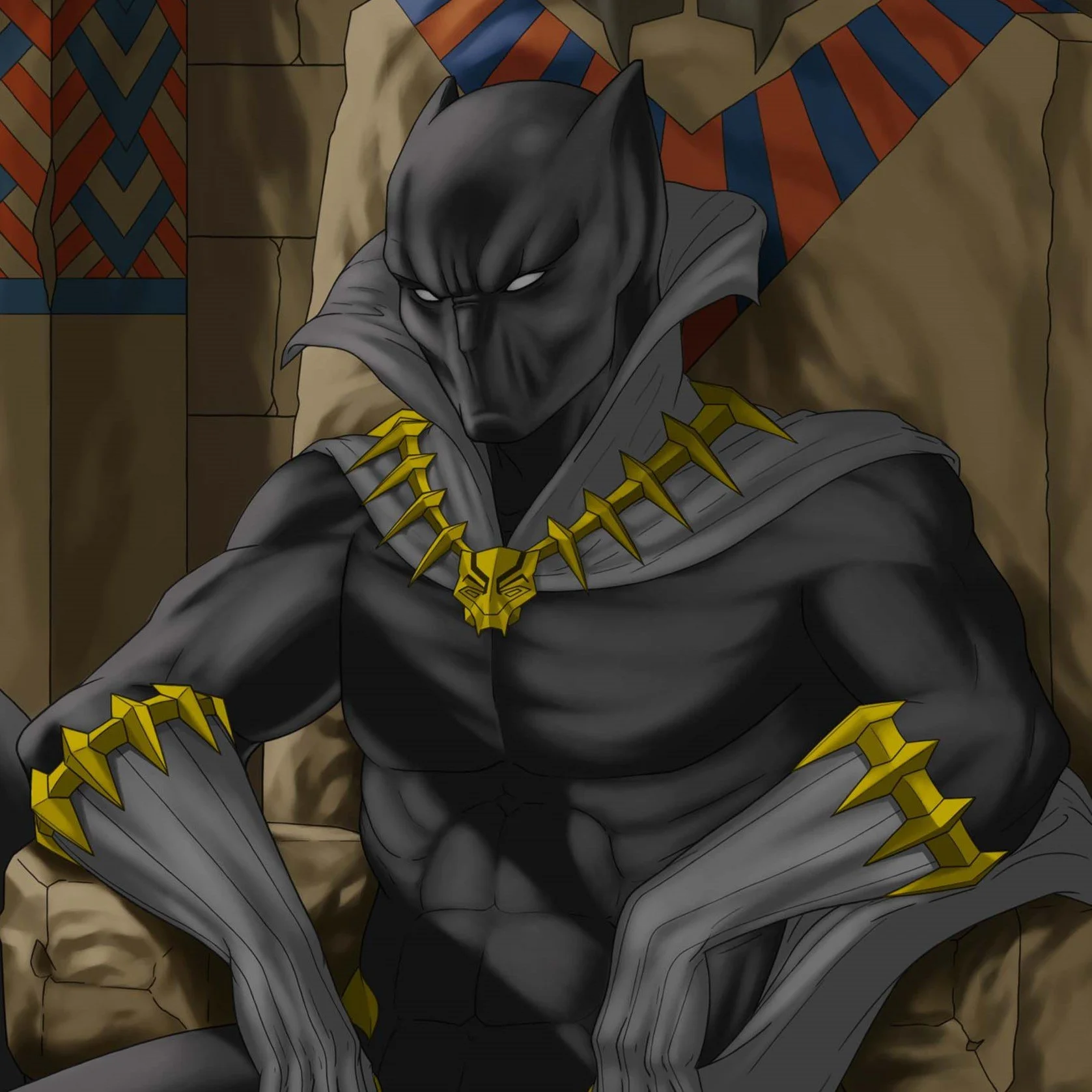 A digital illustration of Black Panther, a Marvel superhero, seated on a throne. He has a black panther mask and muscular black body, adorned with gold jewelry featuring panther motifs, and a gray cape.