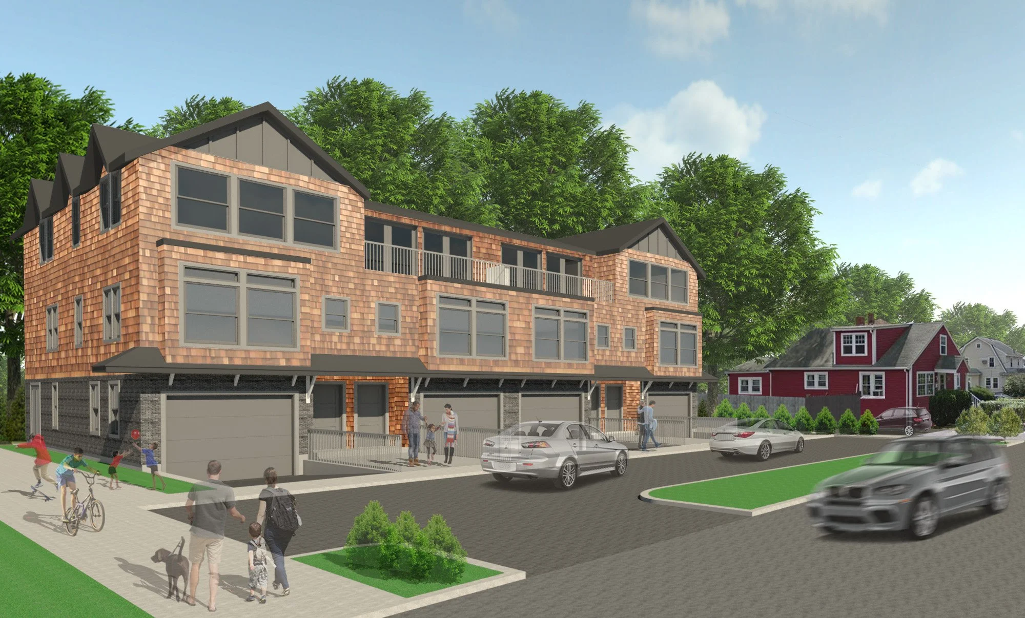 Illustration of a multi-family residential building with three stories, large windows, a garage, and a balcony, with people walking, children playing, cars parked and driving nearby, green landscaping, and trees in the background.