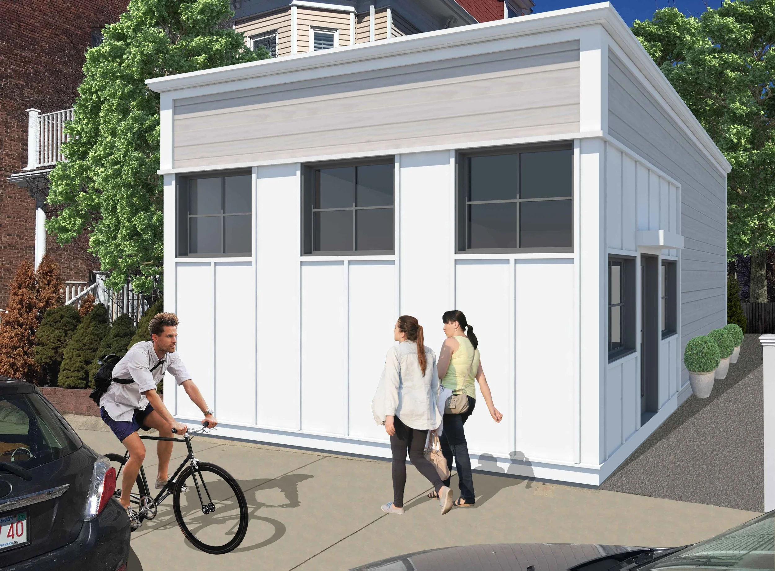 Illustration of a modern white colored house with large windows, a sidewalk with three people walking and a man riding a bicycle, and some parked cars in front.