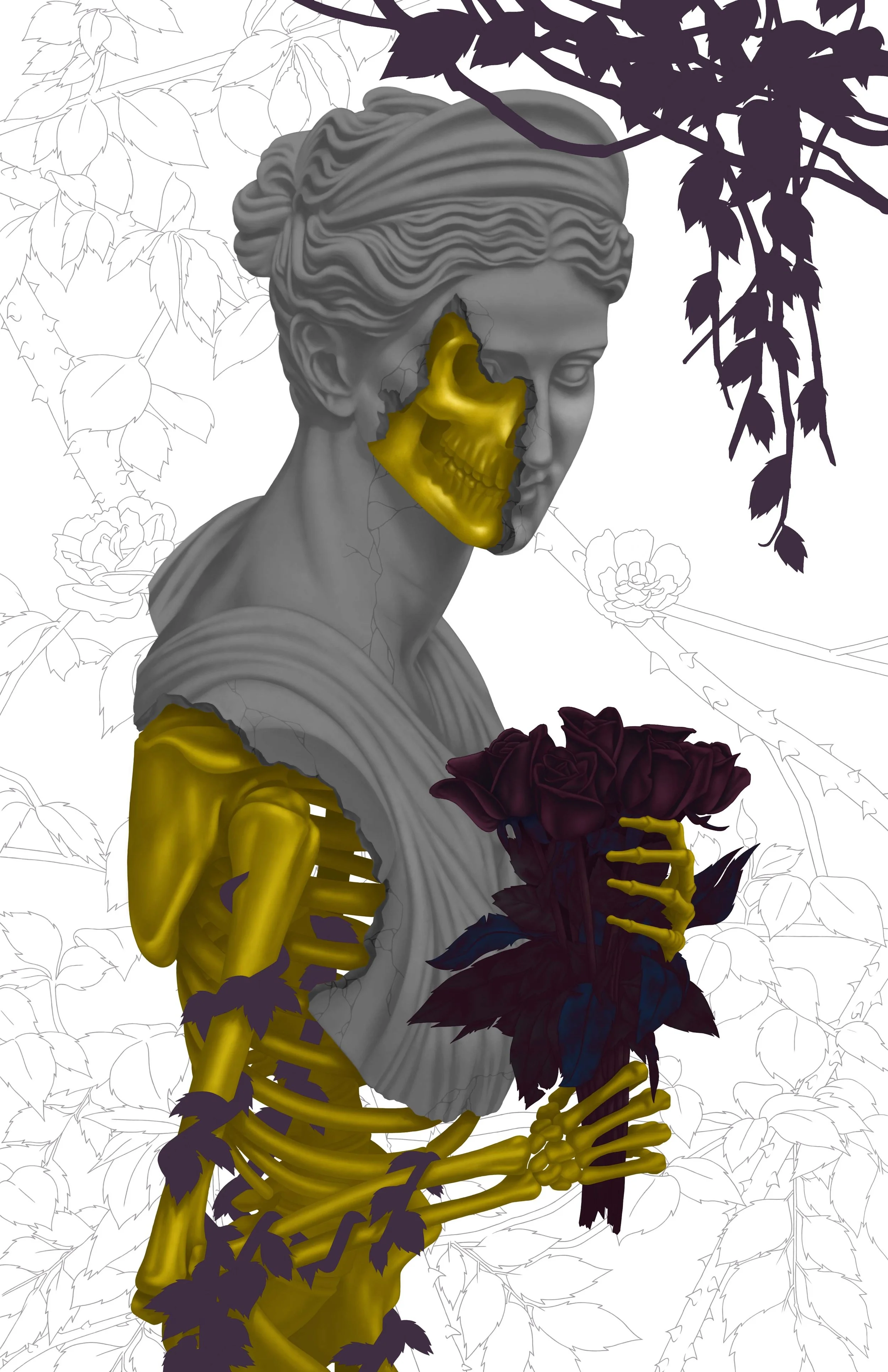 A gray classical-style bust sculpture with a part of its face missing, revealing a gold skull inside. The background features line drawings of flowers and leaves.