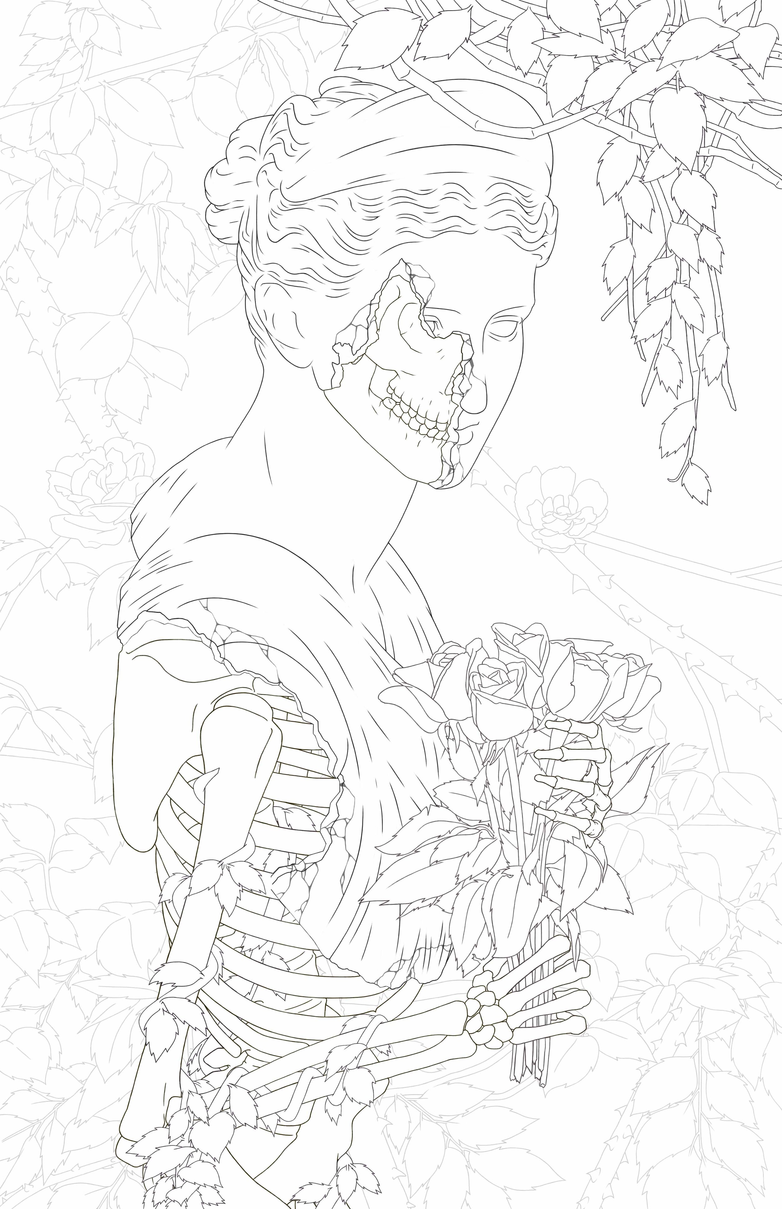 Line drawing of a gray classical-style bust sculpture with a part of its face missing, revealing a skull inside. The background features drawings of flowers and leaves.