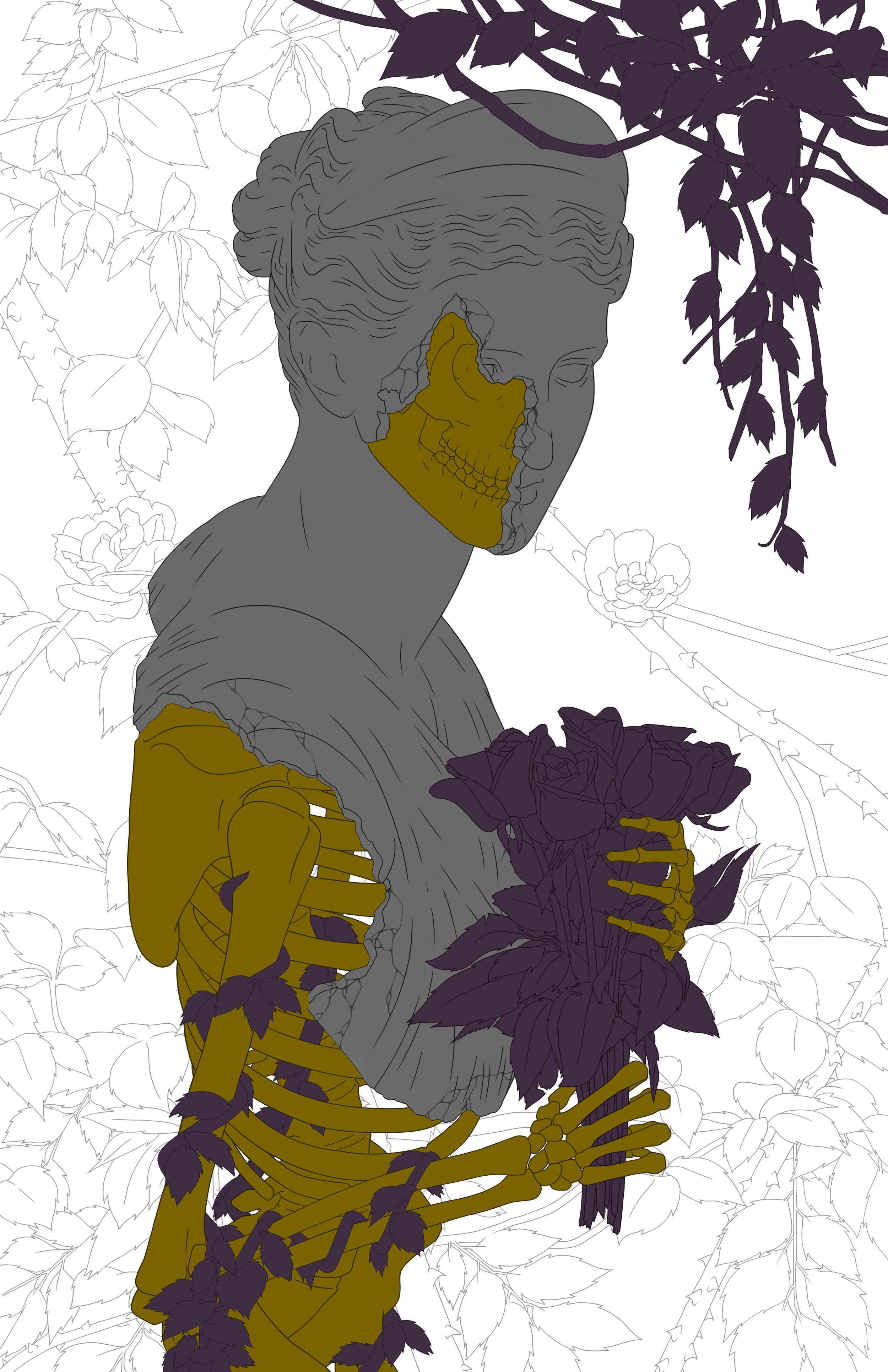 A gray classical-style bust sculpture with a part of its face missing, revealing a gold skull inside. The background features line drawings of flowers and leaves.