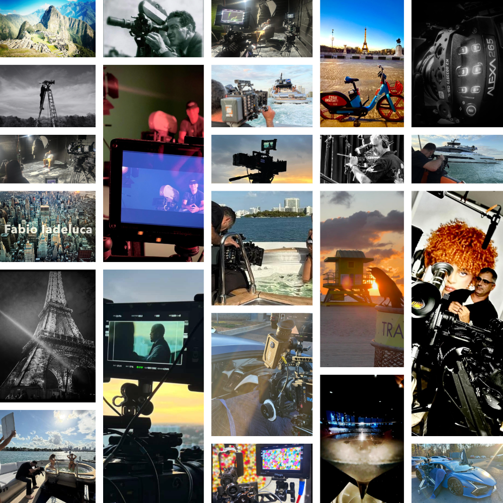 Rappresentazione di varie scene di produzione cinematografica e videomaking, tra cui telecamere, luci, registi al lavoro, una città, un tramonto, un veicolo e un gruppo di persone su una barca.