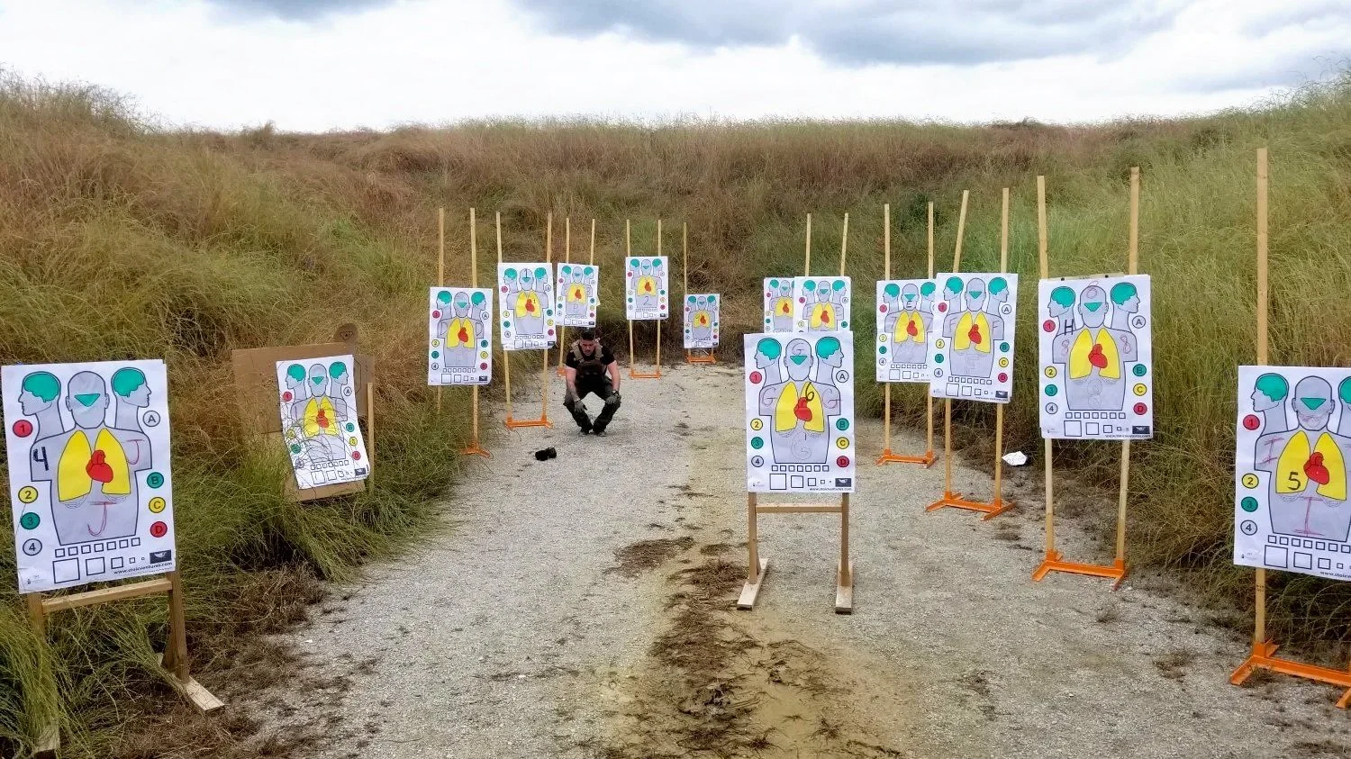 Outdoor target shooting range with multiple paper targets on wooden stands along a gravel path, surrounded by tall grass, with cloudy sky overhead, and a person sitting in the background.