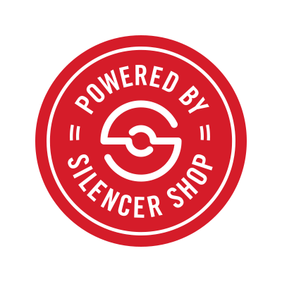 Red circular logo with black text that reads 'Powered by Silencer Shop'.