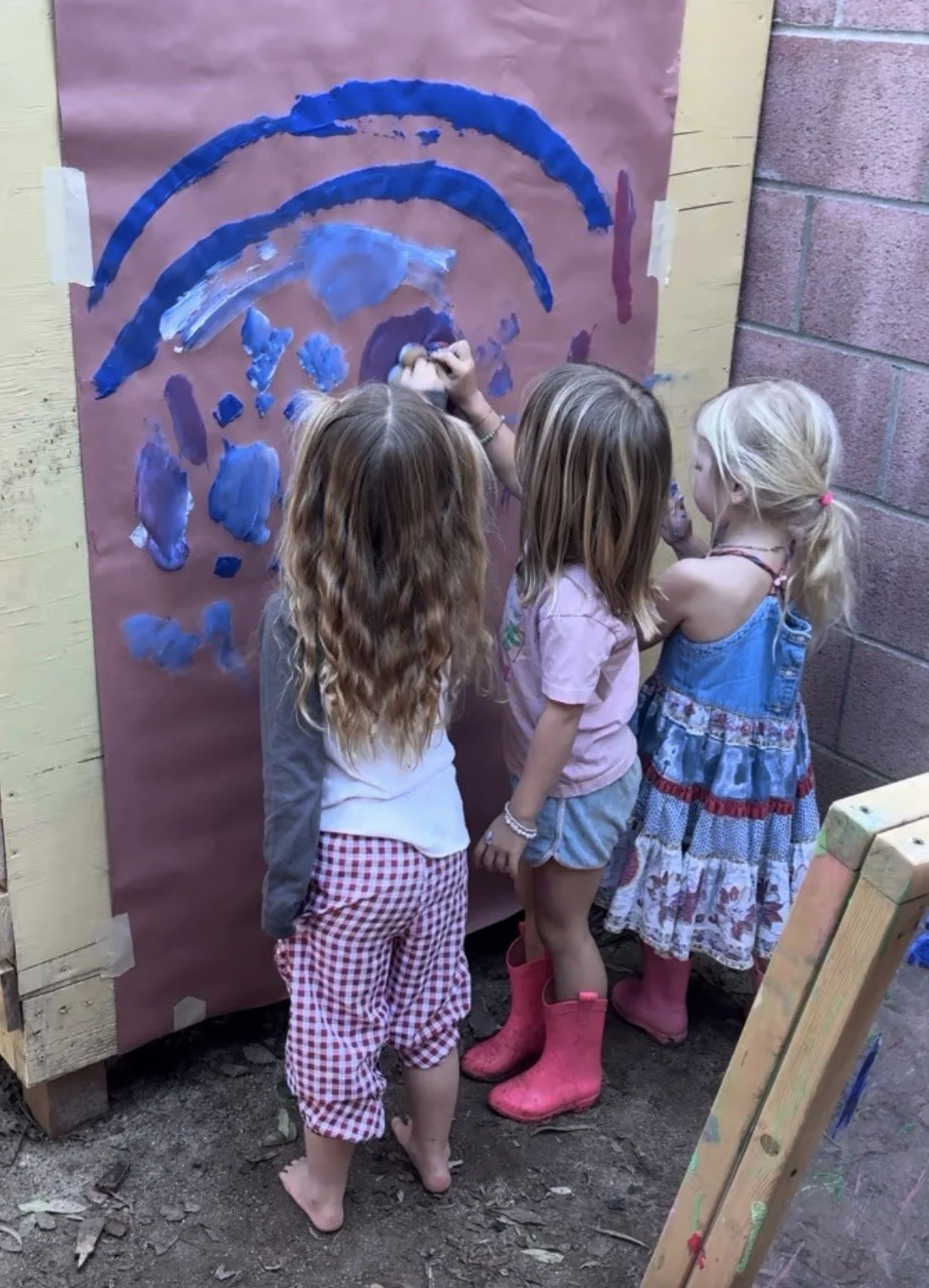 Little Folk House Children Painting Standing Outdoors
