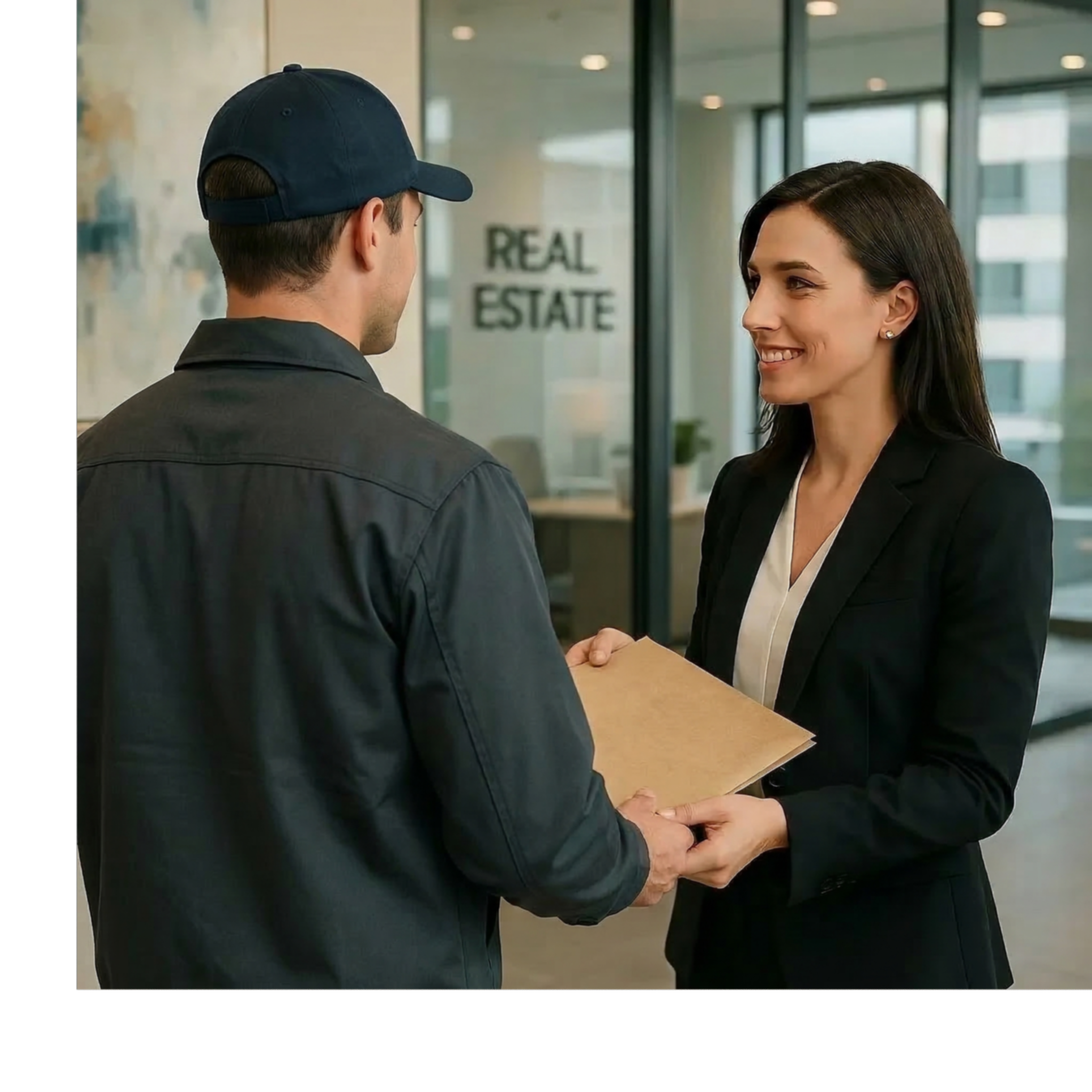 A woman in professional attire handing a Sign Genie Courier a document or folder inside an office. The background shows a sign that reads 'REAL ESTATE.'