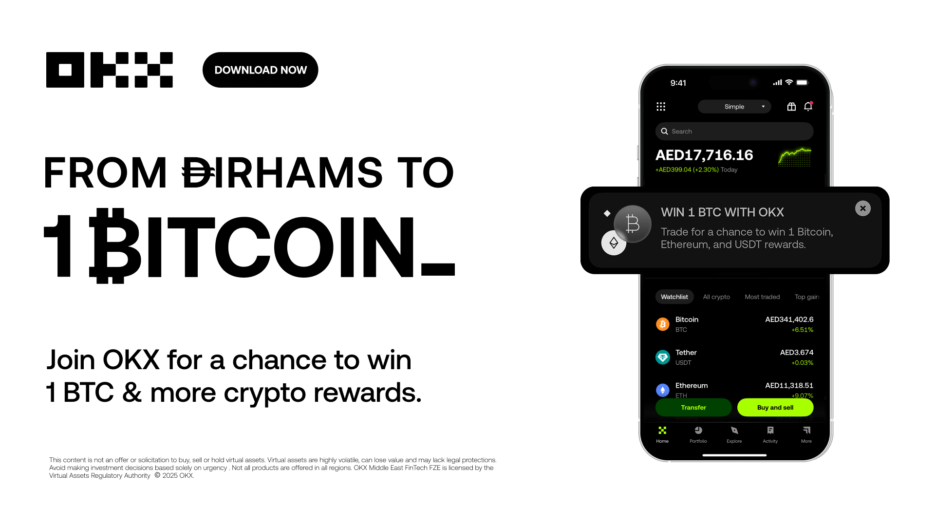 Promotional webpage for OKX cryptocurrency platform, featuring a large headline in black bold text and graphics of a mobile app screen showing cryptocurrency prices, trade options, and promotional offer to win Bitcoin and other crypto rewards.
