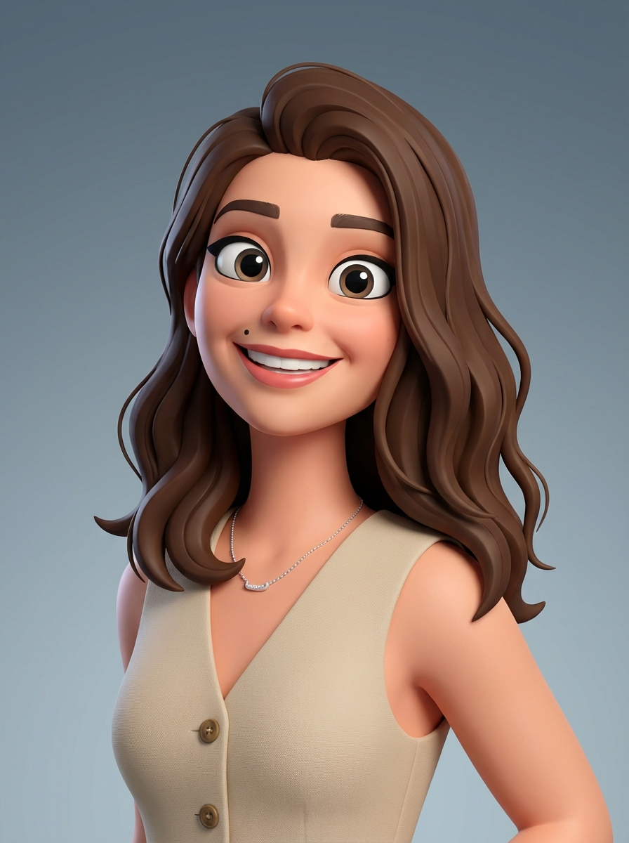 Engy Kamel avatar. A 3D animated woman with wavy brown hair, wearing a beige sleeveless dress with buttons, a silver necklace, and a small beauty mark on her face, smiling against a plain background. KYNDA CREATIVE TEAM.