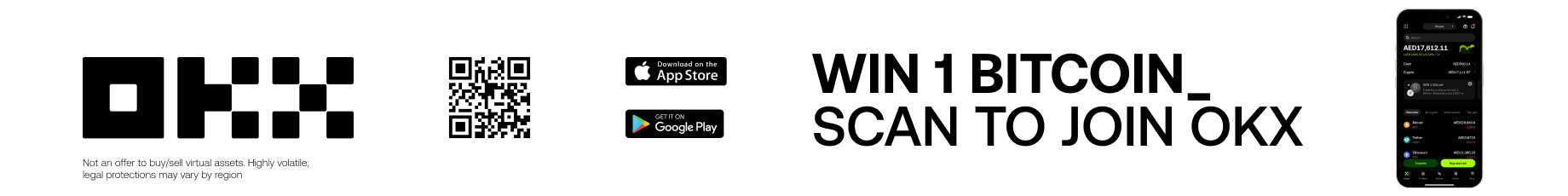 Promotional banner offering a chance to win 1 Bitcoin by scanning a QR code to join OKX cryptocurrency platform, with app download options for iOS and Android, and a smartphone displaying account balances and transaction history.