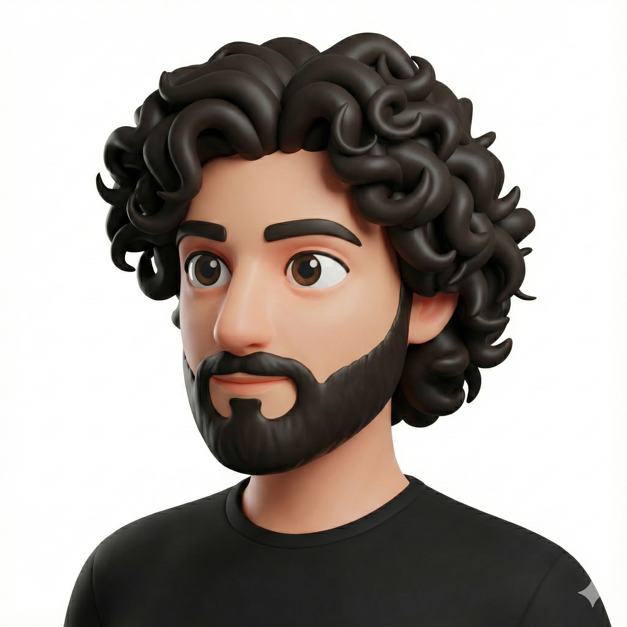 A person wearing a large, cartoonish mask with curly black hair and a beard, dressed in a plain black shirt. KYNDA CREATIVE TEAM.