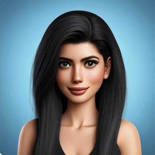 Portrait of a young woman with long black hair and light skin against a blue background. KYNDA CREATIVE TEAM.