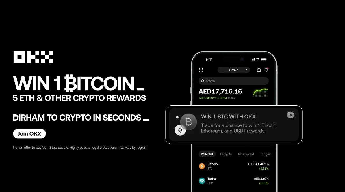 Digital advertisement for OKX cryptocurrency platform with a promotion to win 1 Bitcoin and earn crypto rewards, featuring images of a smartphone screen with crypto prices and a 'Join OKX' button.