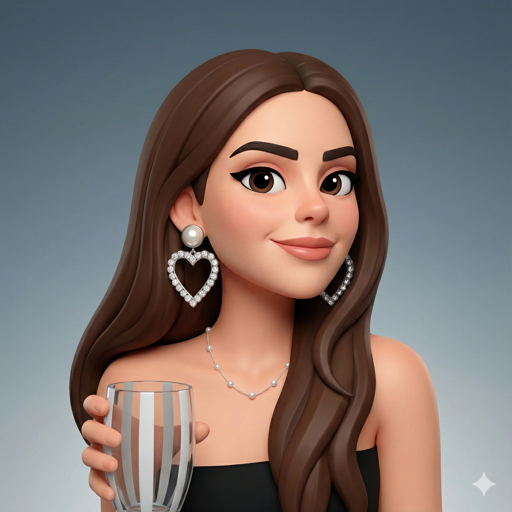 Animated woman with long brown hair, wearing pearl and heart-shaped earrings, holding a striped glass, smiling against a gradient background. KYNDA CREATIVE TEAM.
