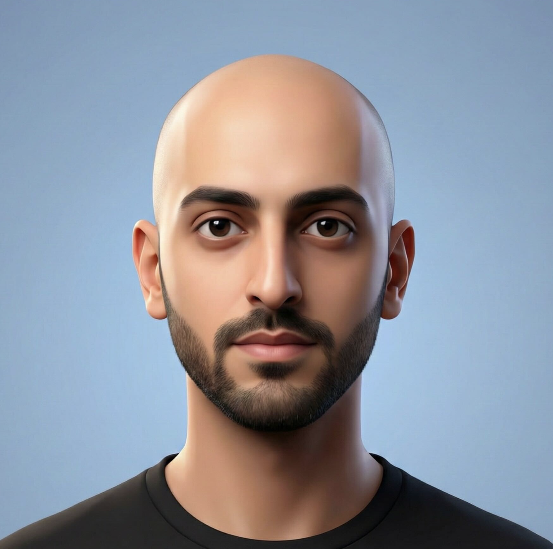 Rasam Eslamieh Avatar. A digital illustration of a man with a shaved head, brown eyes, and a beard, wearing a black shirt against a blue background. KYNDA CREATIVE TEAM.