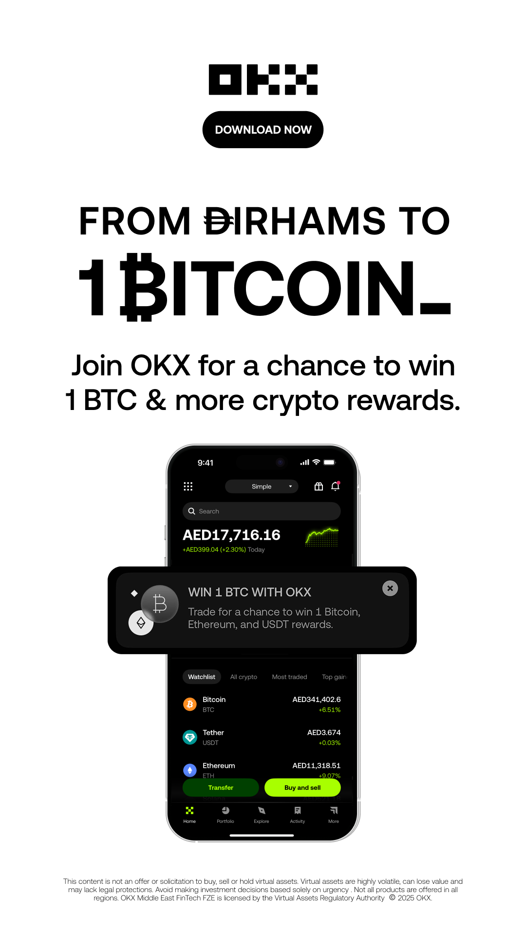 Promotional poster for OKX cryptocurrency platform, offering a chance to win 1 Bitcoin and other rewards, featuring a mobile app interface with cryptocurrency prices and trading options.