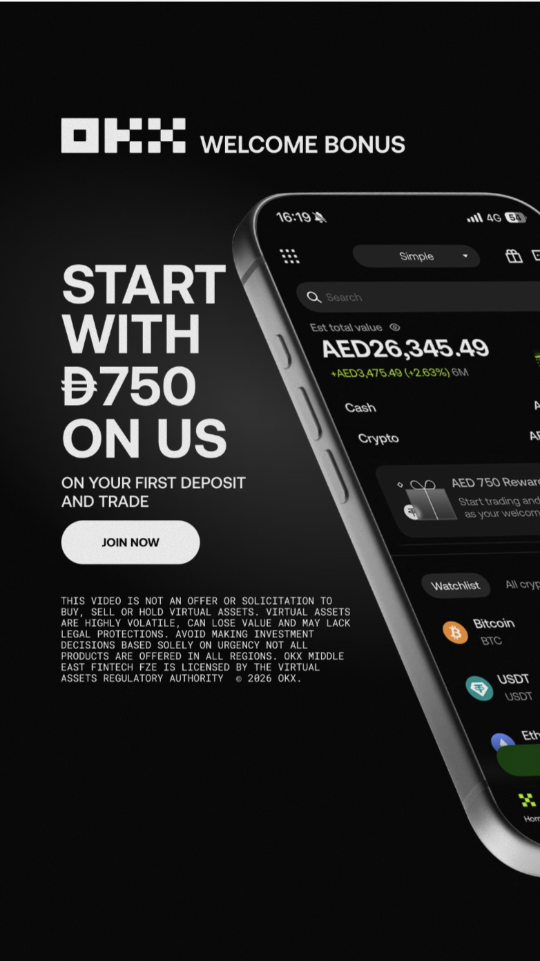GRAPHIC DESIGN KYNDA CREATIVE FOR OKX cryptocurrency platform featuring a smartphone screen showing account details with a focus on a starting bonus offer of AED 750 on first deposit and trade, with legal disclaimer text at the bottom.