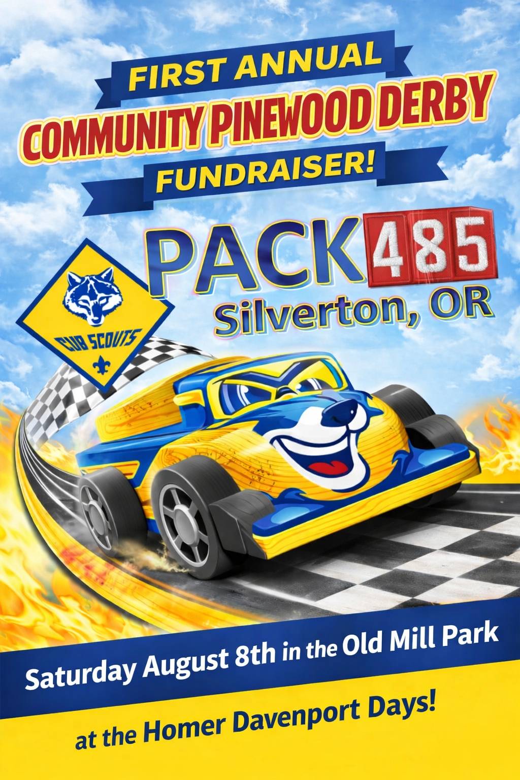 An advertisement poster for the first annual community Pinewood Derby fundraiser featuring a cartoon-style race car with a beaver face on the hood, a cub scout logo, and event details in bright colors against a sky background with clouds.
