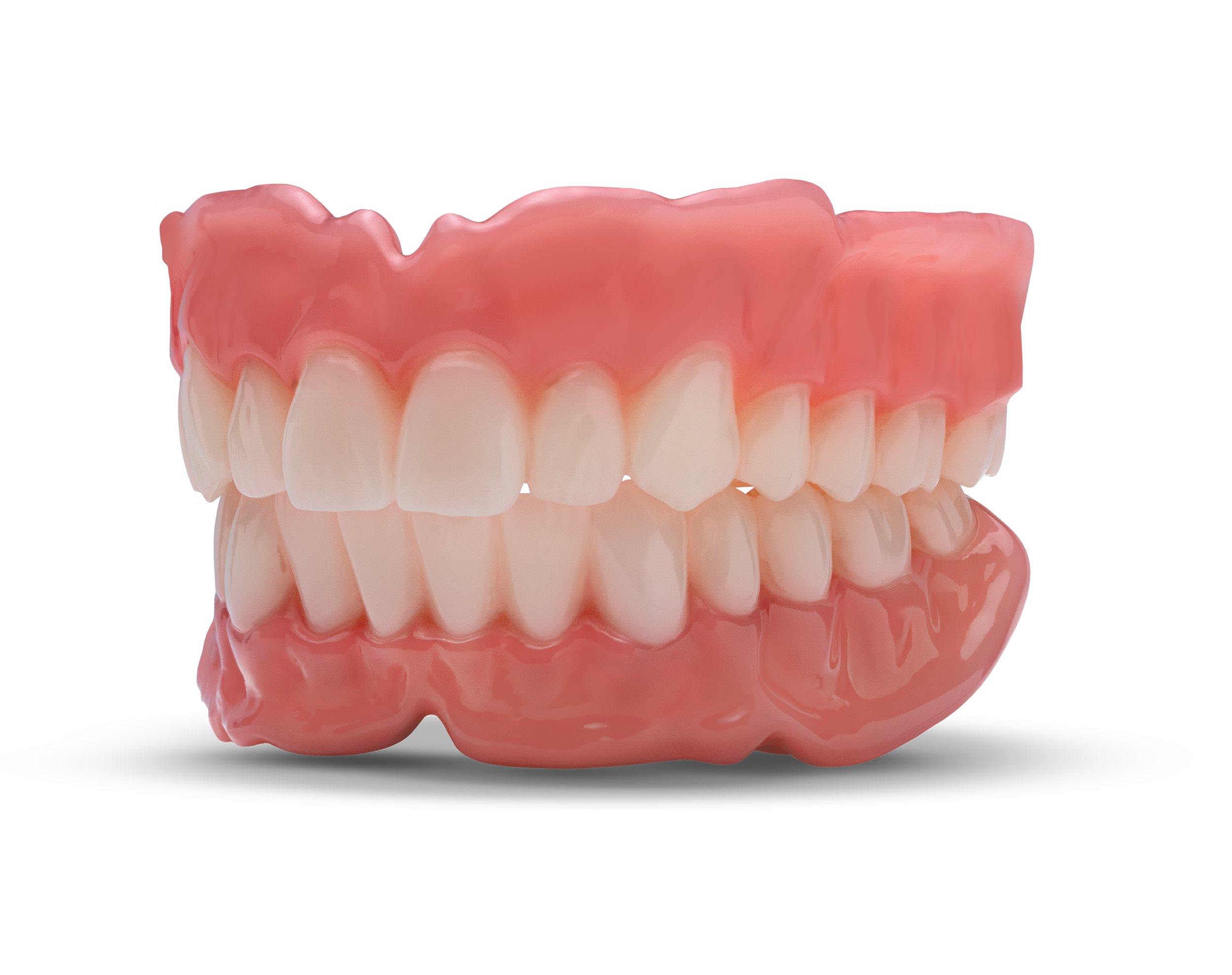 A detailed illustration of a set of human teeth and gums, showing both upper and lower dental arches from a side view.