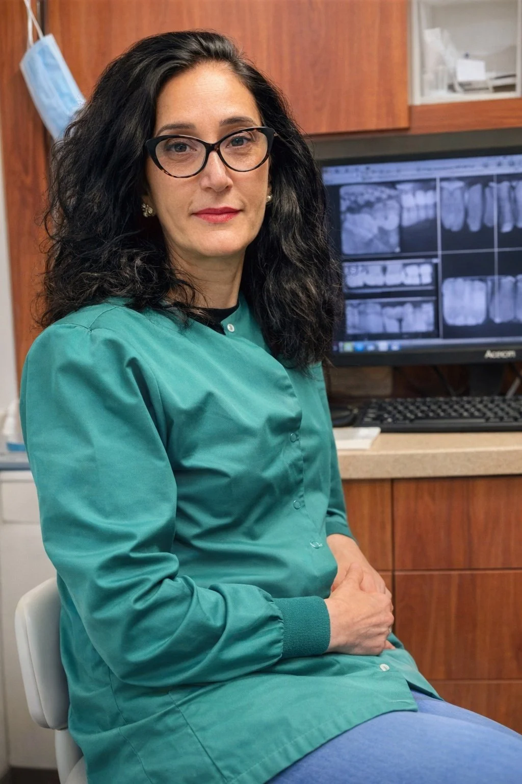 A female dentist wearing glasses and a teal dental coat, sitting in a dental clinic in front of dental X-ray images on a computer monitor.