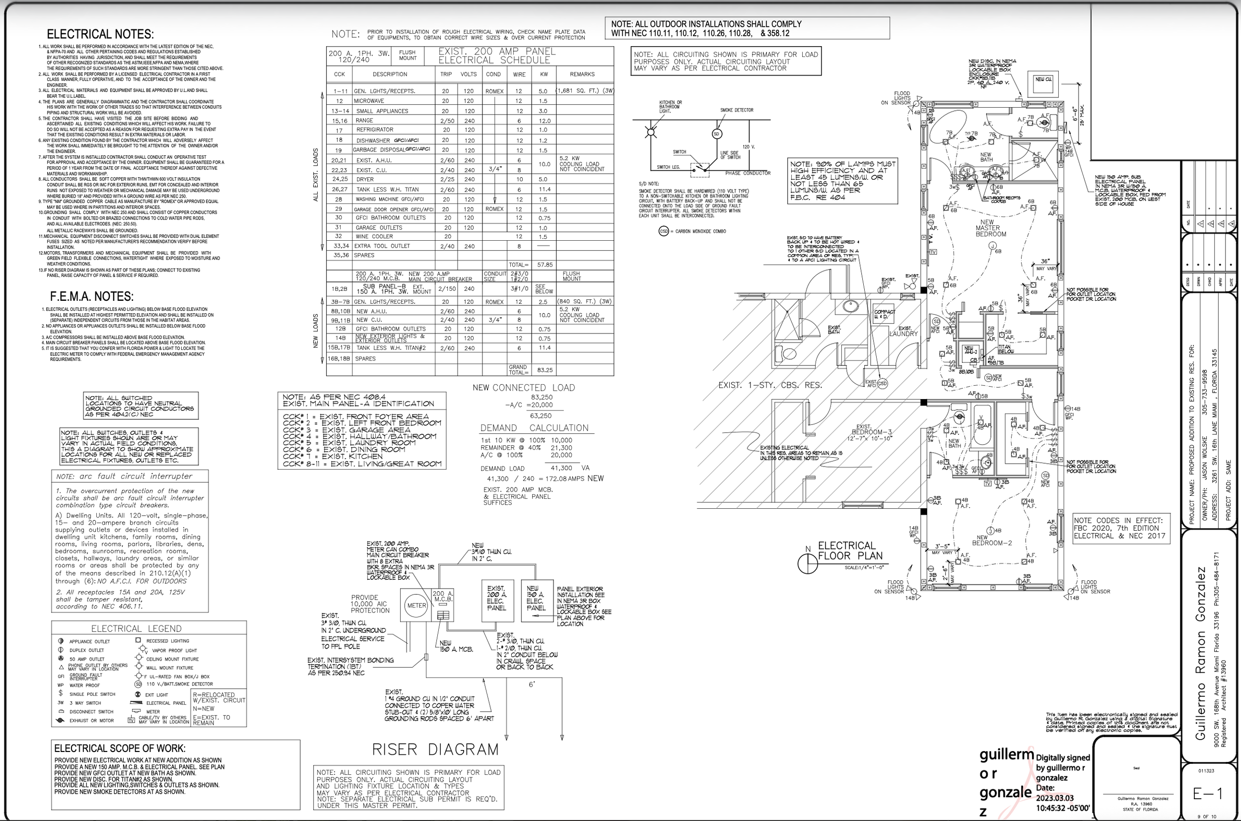 Electrical schematic diagram detailing electrical notes, load calculations, electrical scope of work, riser diagram, floor plan, and other electrical specifications with labels, symbols, and technical details.