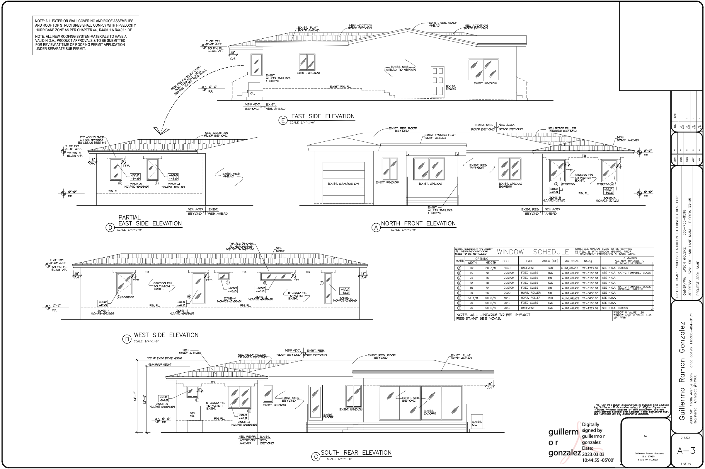 Architectural blueprint of a house showing east, west, north front, south rear elevations, and window schedule, with detailed measurements and construction notes.