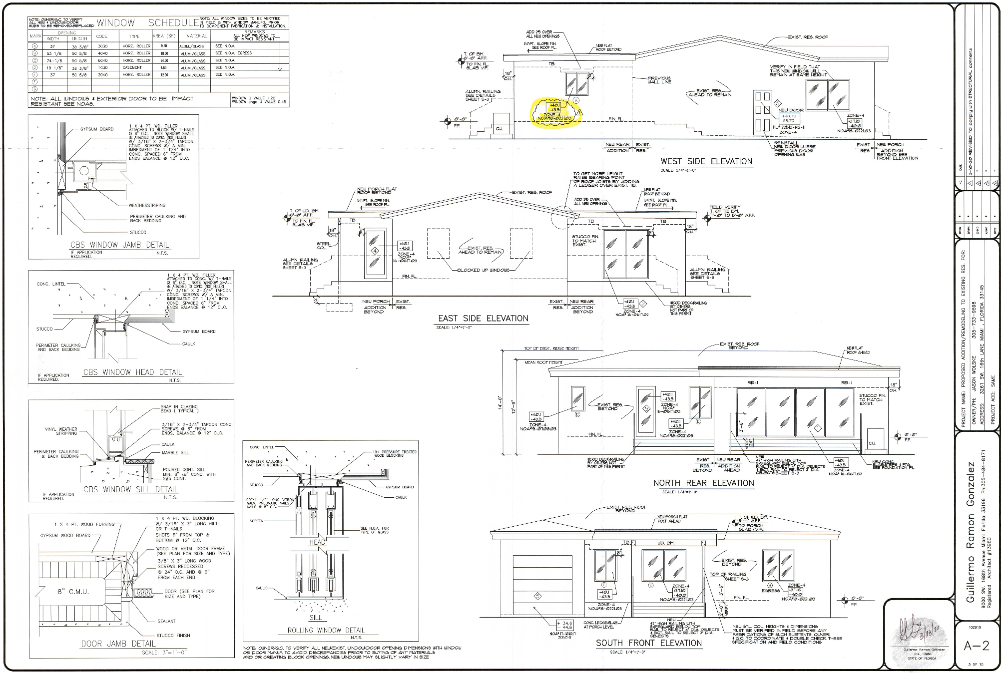 Architectural blueprint of a house's window and door details, including elevation views, jamb, head, sill, and rolling window details, along with measurements and construction notes.