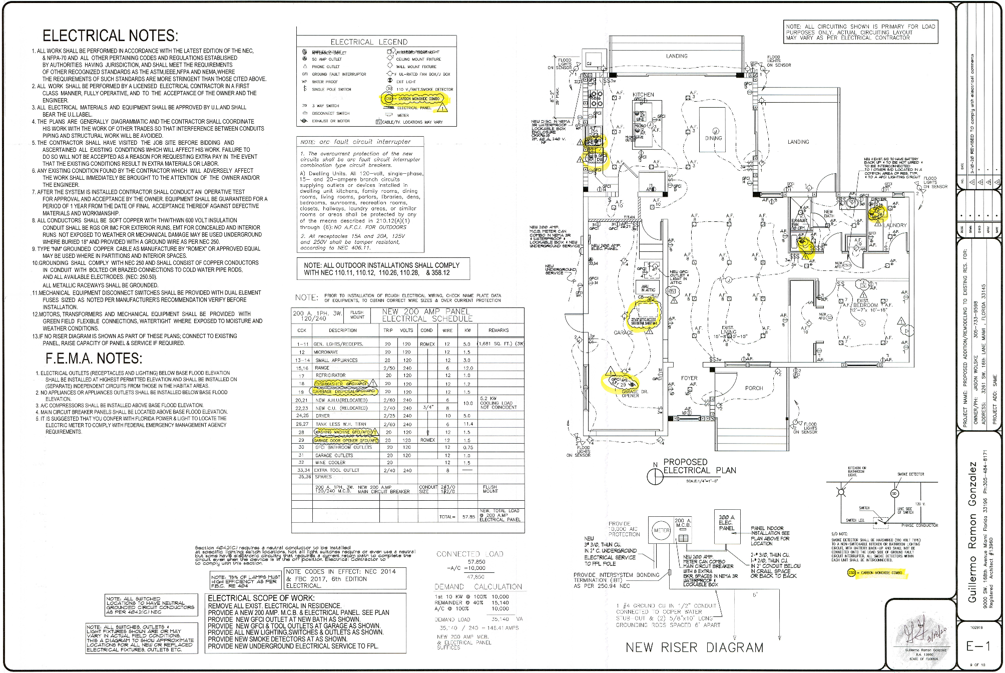 Floor plan of a proposed electrical system for a house, with electrical components, symbols, and notes, including locations of outlets, switches, panels, and circuit details, with handwritten annotations.