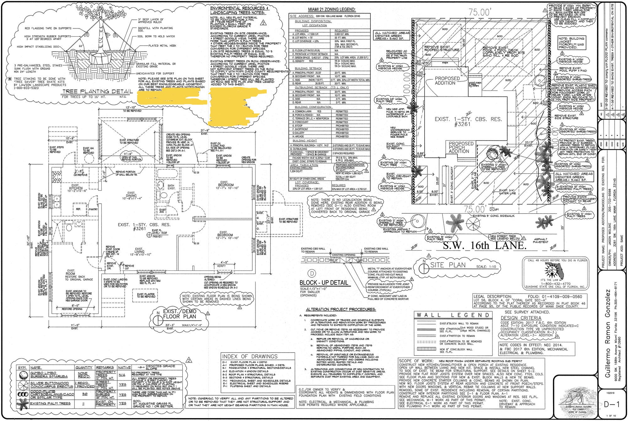 Detailed architectural site plan showing construction and landscaping details, trees, structures, property boundaries, and notes for a residential project.