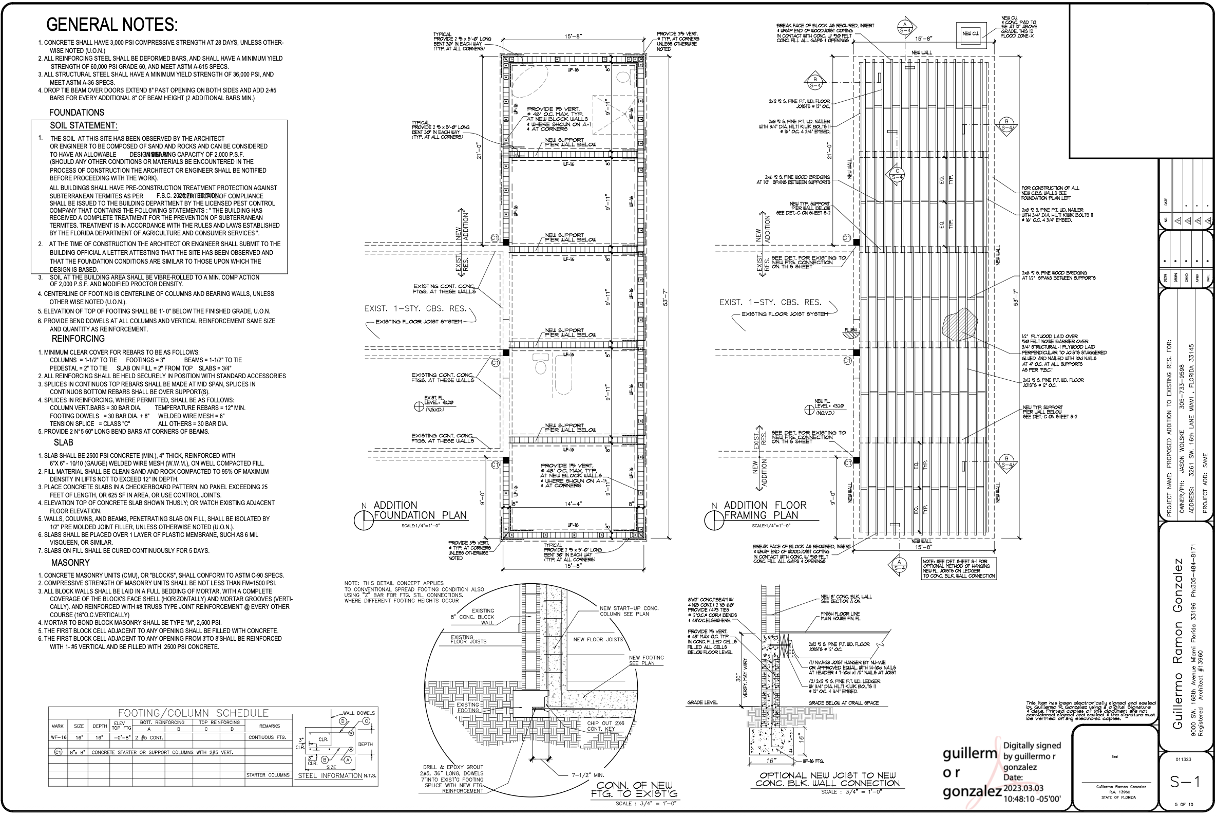 Architectural foundation and framing plan with measurements, notes, and labels for construction details.