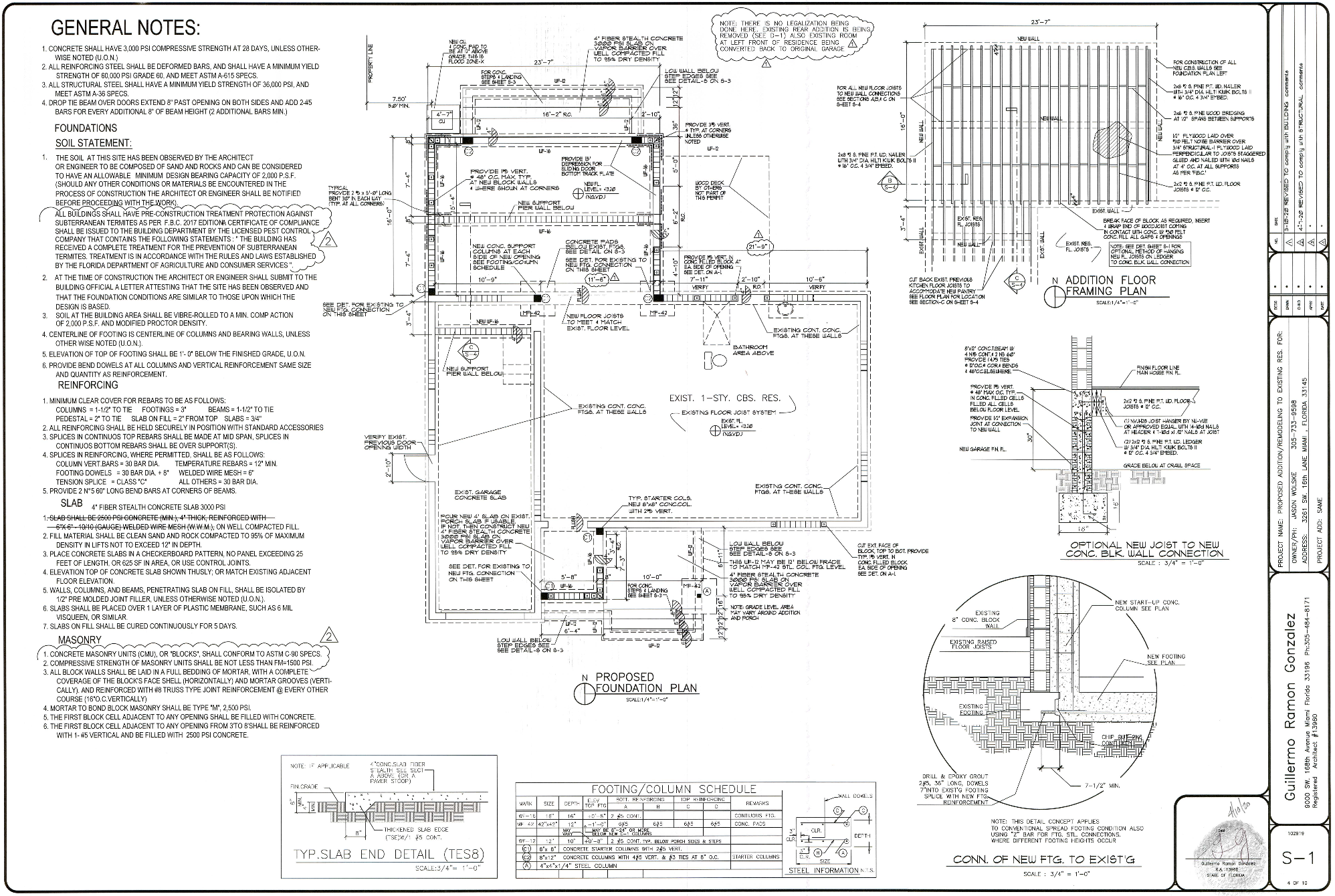 Architectural foundation and floor framing plan with measurements, notes, and structural details for a building project.