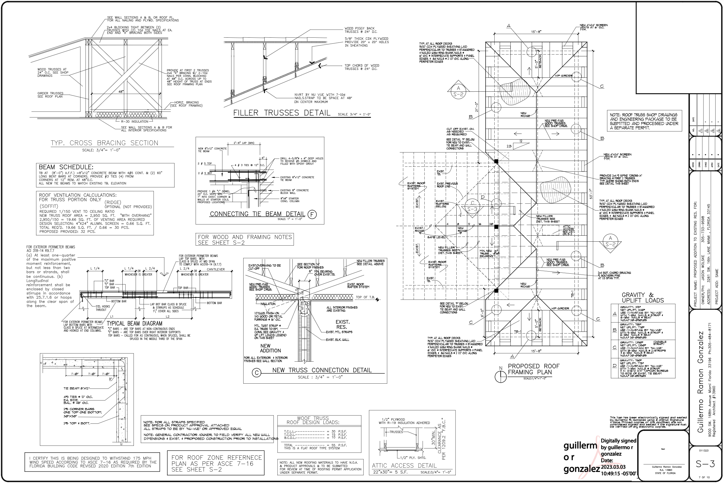 Architectural blueprint of roof trusses, framing, and structural details for a building.