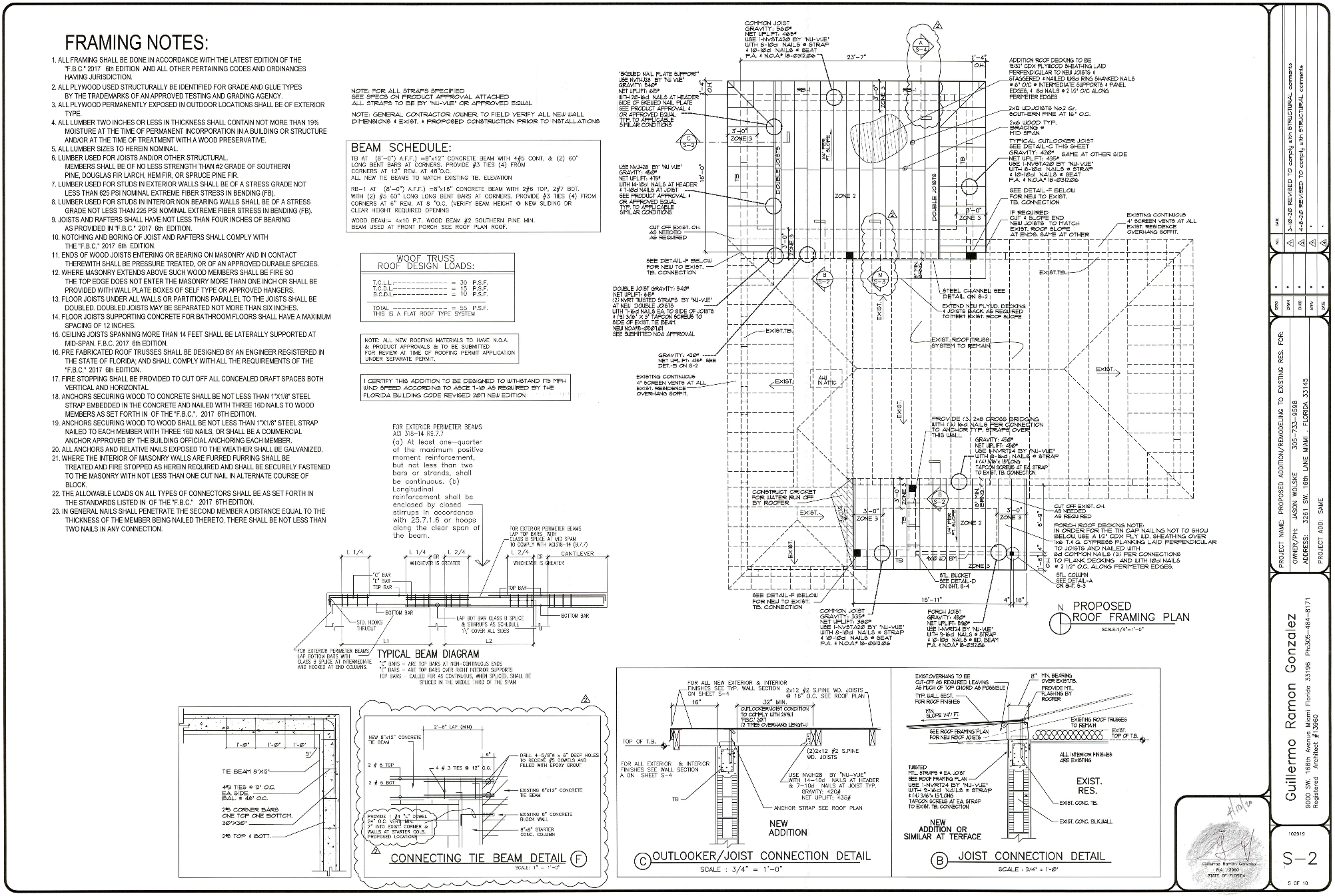 Architectural blueprint of a roof framing plan, featuring detailed structural notes, beam schedules, joist connection details, and construction annotations.
